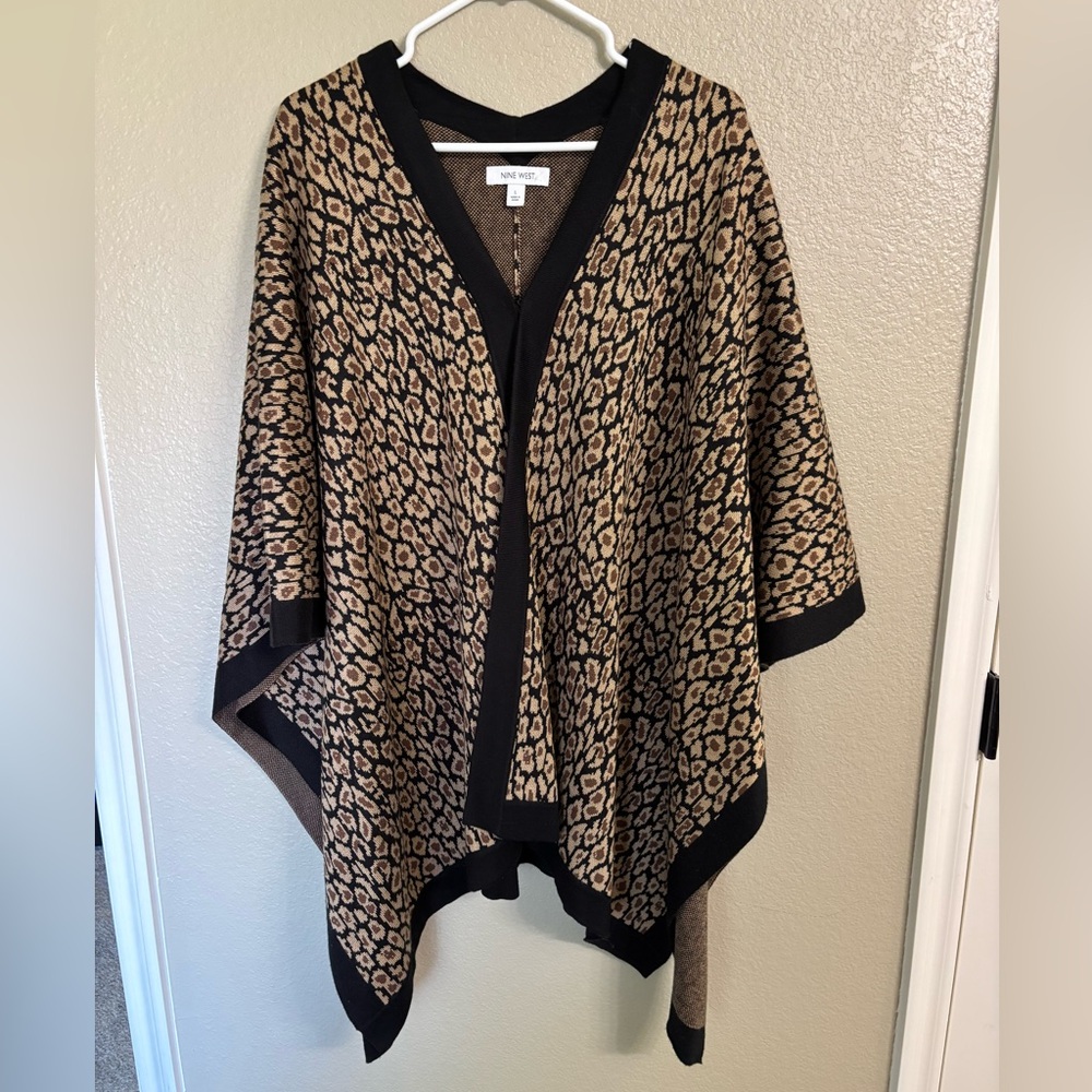 Nine West Black and Brown Leopard Print Poncho Sweater